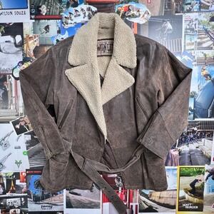 Vintage Distressed Brown Biker Jacket Sherpa Collar Belted Moto Coat Mens L